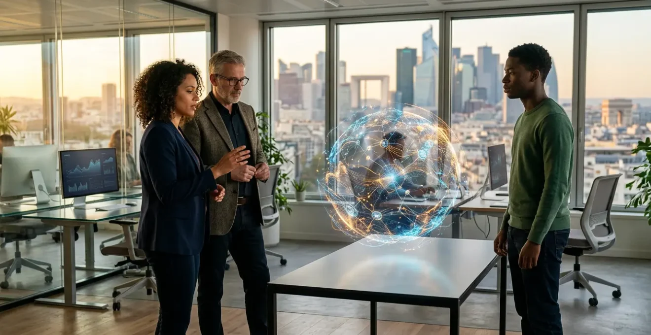 Équipe analysant des tableaux de données sur des écrans futuristes dans un bureau moderne