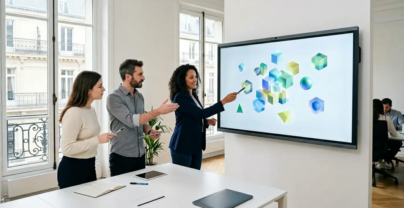 Équipe marketing construisant des pages web avec des blocs modulaires dans un environnement moderne