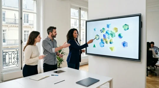 Équipe marketing construisant des pages web avec des blocs modulaires dans un environnement moderne