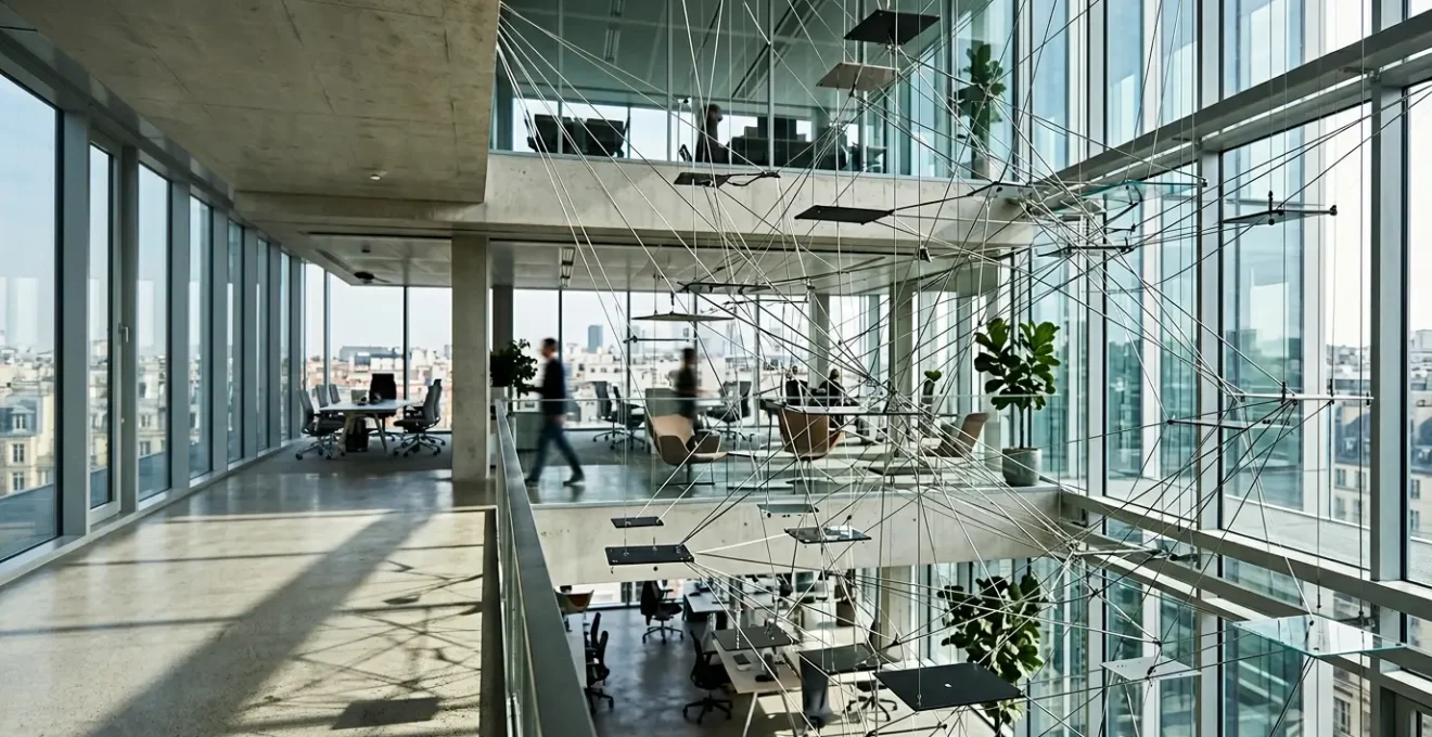 Représentation visuelle d'une architecture web complexe avec des nœuds interconnectés illustrant l'optimisation de l'arborescence pour le crawl de Googlebot