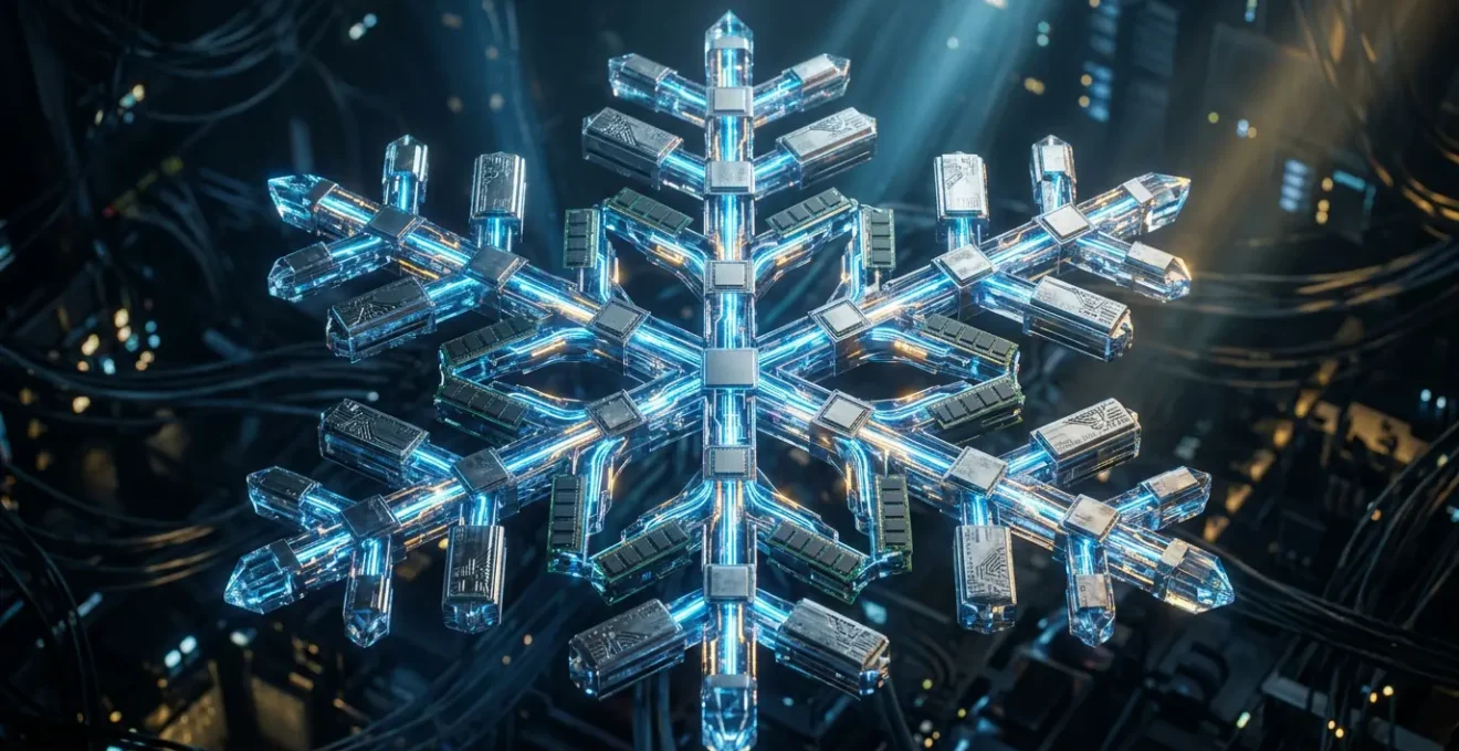 Infrastructure cloud avec serveurs multiples reliés par des connexions lumineuses évoquant la scalabilité et la haute disponibilité pour les soldes