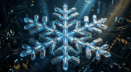 Infrastructure cloud avec serveurs multiples reliés par des connexions lumineuses évoquant la scalabilité et la haute disponibilité pour les soldes