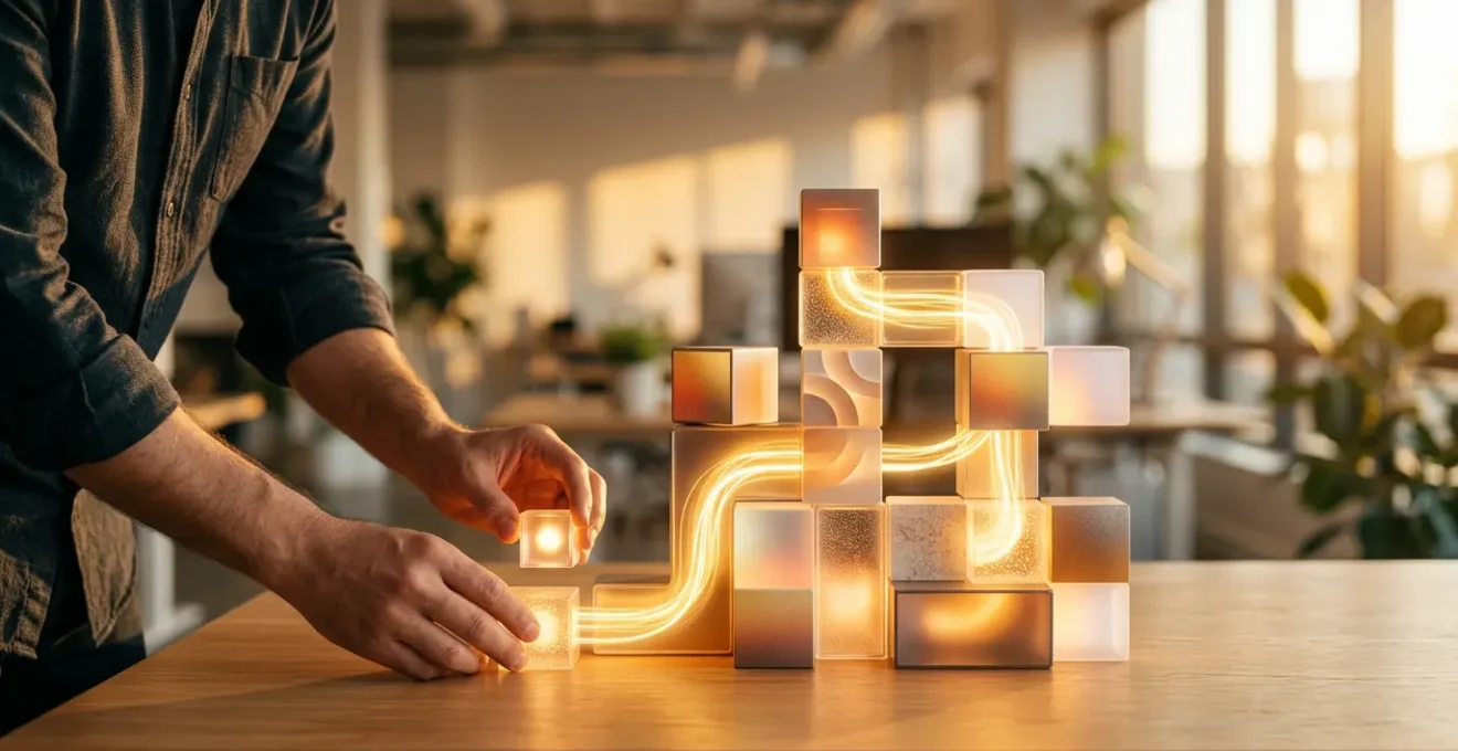 Développeur assemblant des blocs colorés interconnectés représentant des composants UI avec des effets de lumière dorée symbolisant l'économie réalisée