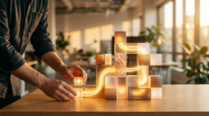 Développeur assemblant des blocs colorés interconnectés représentant des composants UI avec des effets de lumière dorée symbolisant l'économie réalisée