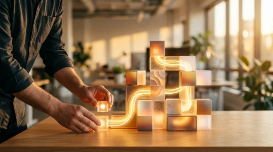 Développeur assemblant des blocs colorés interconnectés représentant des composants UI avec des effets de lumière dorée symbolisant l'économie réalisée