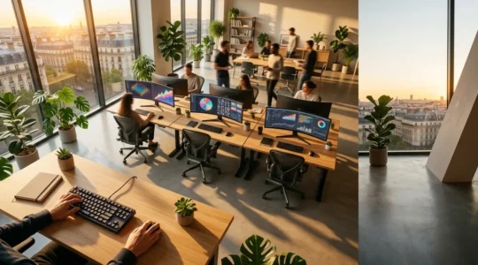 Vue en plongée d'un bureau moderne avec écrans d'ordinateur affichant des graphiques de performance et code bien structuré, illustrant l'impact positif du clean code sur les indicateurs financiers