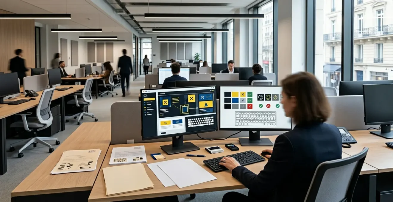 Espace de travail moderne avec écrans montrant des interfaces conformes au RGAA et documents officiels français