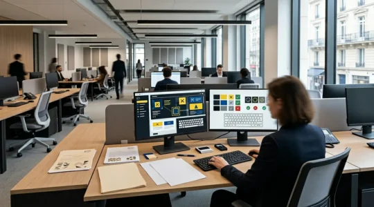 Espace de travail moderne avec écrans montrant des interfaces conformes au RGAA et documents officiels français
