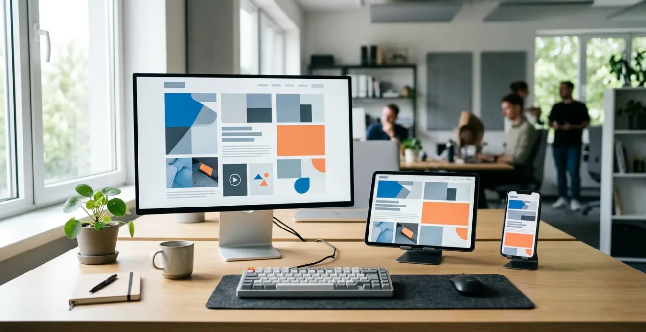 Vue d'un espace de travail moderne avec différents écrans affichant la même interface adaptée