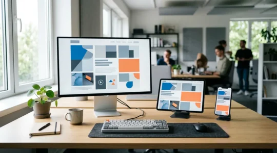 Vue d'un espace de travail moderne avec différents écrans affichant la même interface adaptée