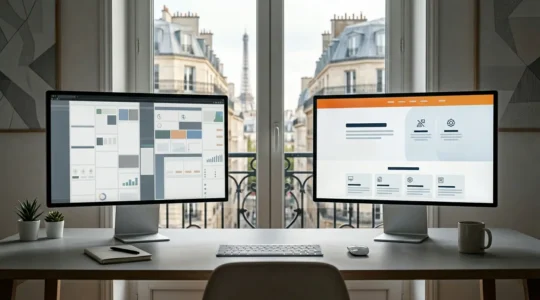 Interface web moderne avec espaces blancs stratégiques et architecture de l'information optimisée pour la conversion B2B