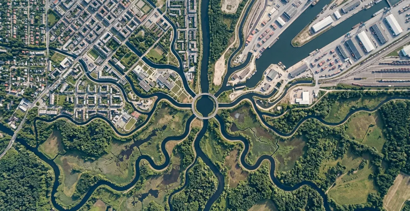 Vue aérienne d'un réseau de canaux interconnectés symbolisant la diversification marketing