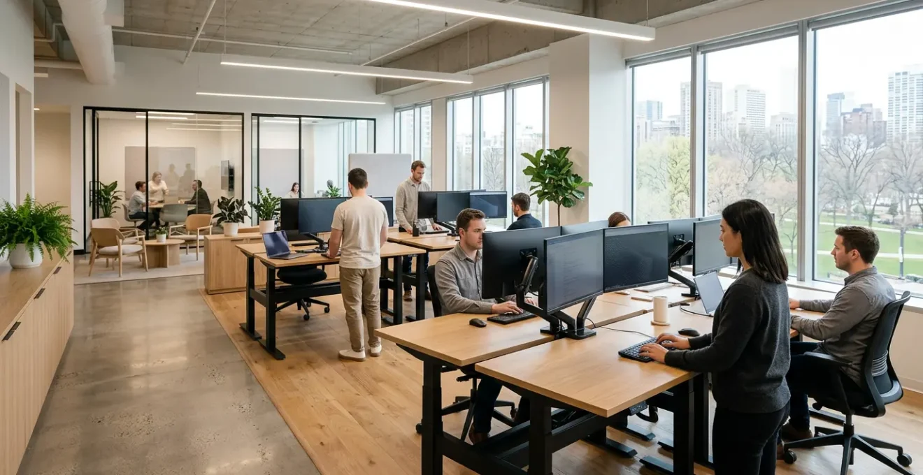 Employés travaillant dans un environnement de bureau moderne et ergonomique avec des écrans bien positionnés