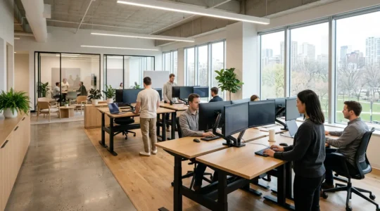 Employés travaillant dans un environnement de bureau moderne et ergonomique avec des écrans bien positionnés