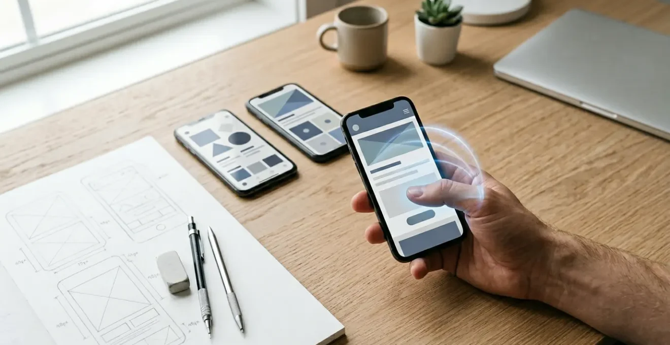 Interface mobile avec zones de navigation optimisées pour le confort du pouce sur smartphone