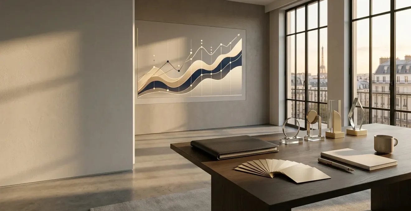 Environnement de bureau moderne avec éléments de branding premium et visualisation de croissance