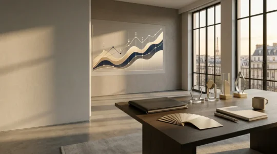 Environnement de bureau moderne avec éléments de branding premium et visualisation de croissance