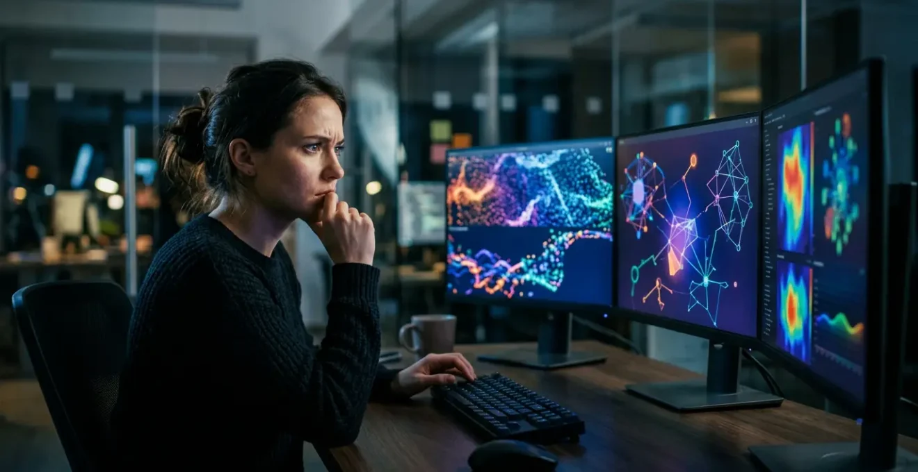 Un ingénieur analysant une architecture web complexe avec des écrans multiples affichant des métriques et du code