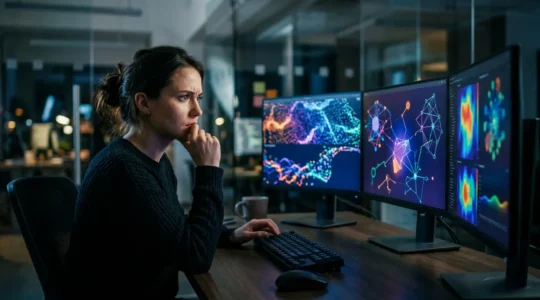 Un ingénieur analysant une architecture web complexe avec des écrans multiples affichant des métriques et du code