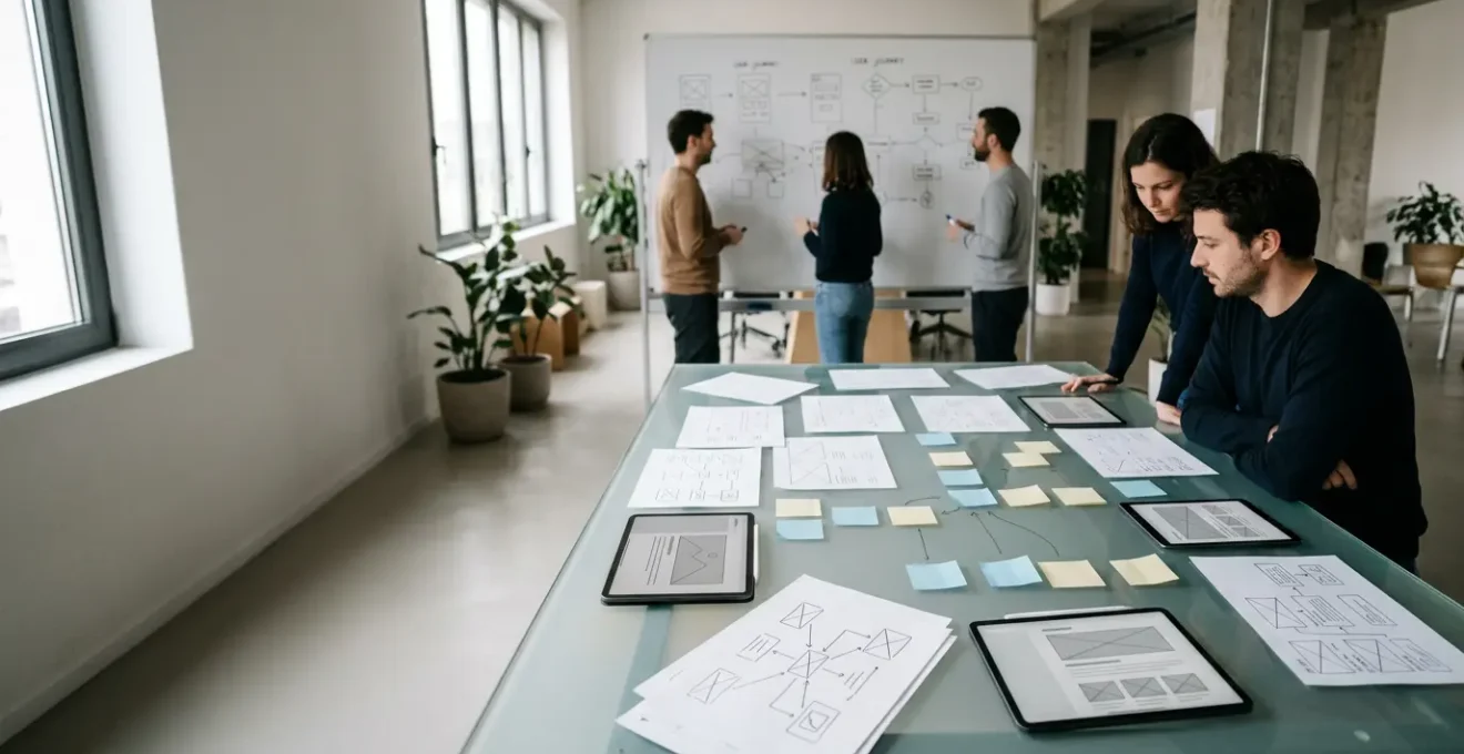 Maquette fonctionnelle et wireframes sur une table de travail avec post-its et schémas de parcours utilisateur
