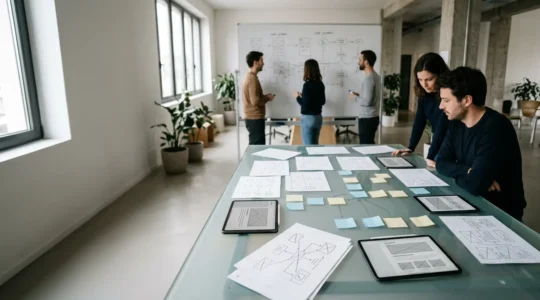 Maquette fonctionnelle et wireframes sur une table de travail avec post-its et schémas de parcours utilisateur