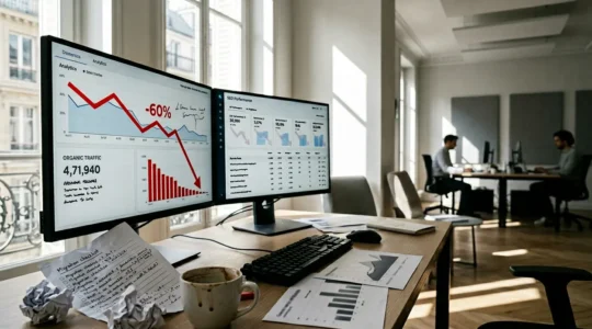 Bureau d'entreprise avec écrans d'ordinateur affichant des graphiques de trafic en chute et alertes rouges