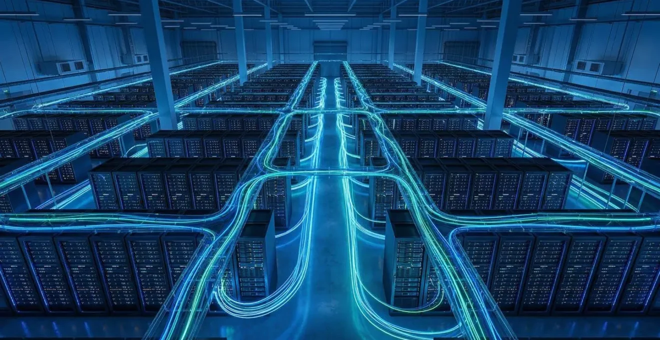 Architecture serveur moderne avec indicateurs de performance et flux de données optimisés