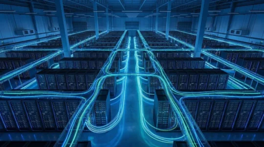 Architecture serveur moderne avec indicateurs de performance et flux de données optimisés