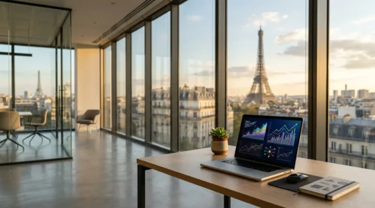 Stratégie SEO moderne avec écrans d'ordinateur et graphiques de performance dans un bureau lumineux