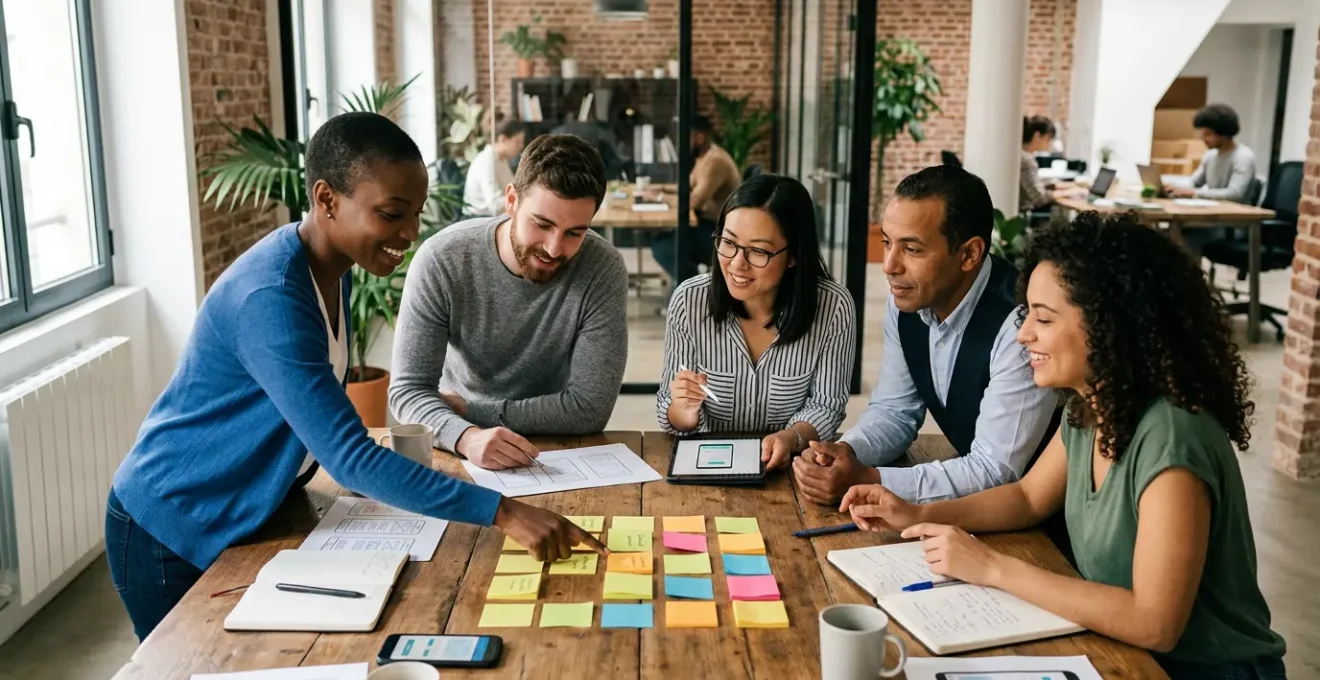 Équipe de développeurs et designers travaillant ensemble autour d'une table collaborative dans un espace de travail moderne français