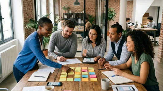 Équipe de développeurs et designers travaillant ensemble autour d'une table collaborative dans un espace de travail moderne français