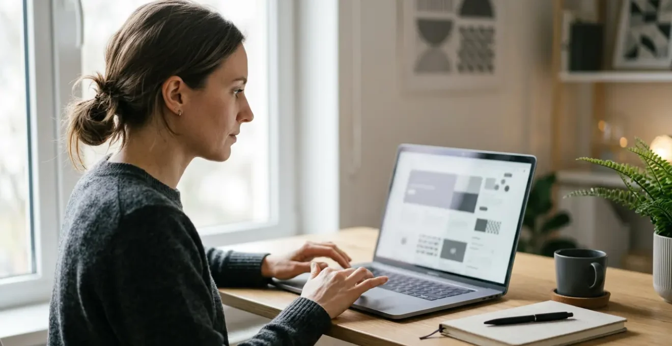 Bureau moderne avec écran affichant des structures d'articles, lecteur concentré analysant rapidement du contenu web