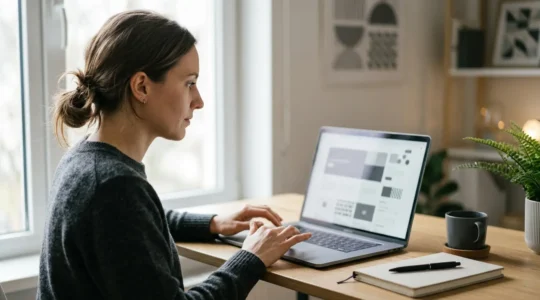 Bureau moderne avec écran affichant des structures d'articles, lecteur concentré analysant rapidement du contenu web