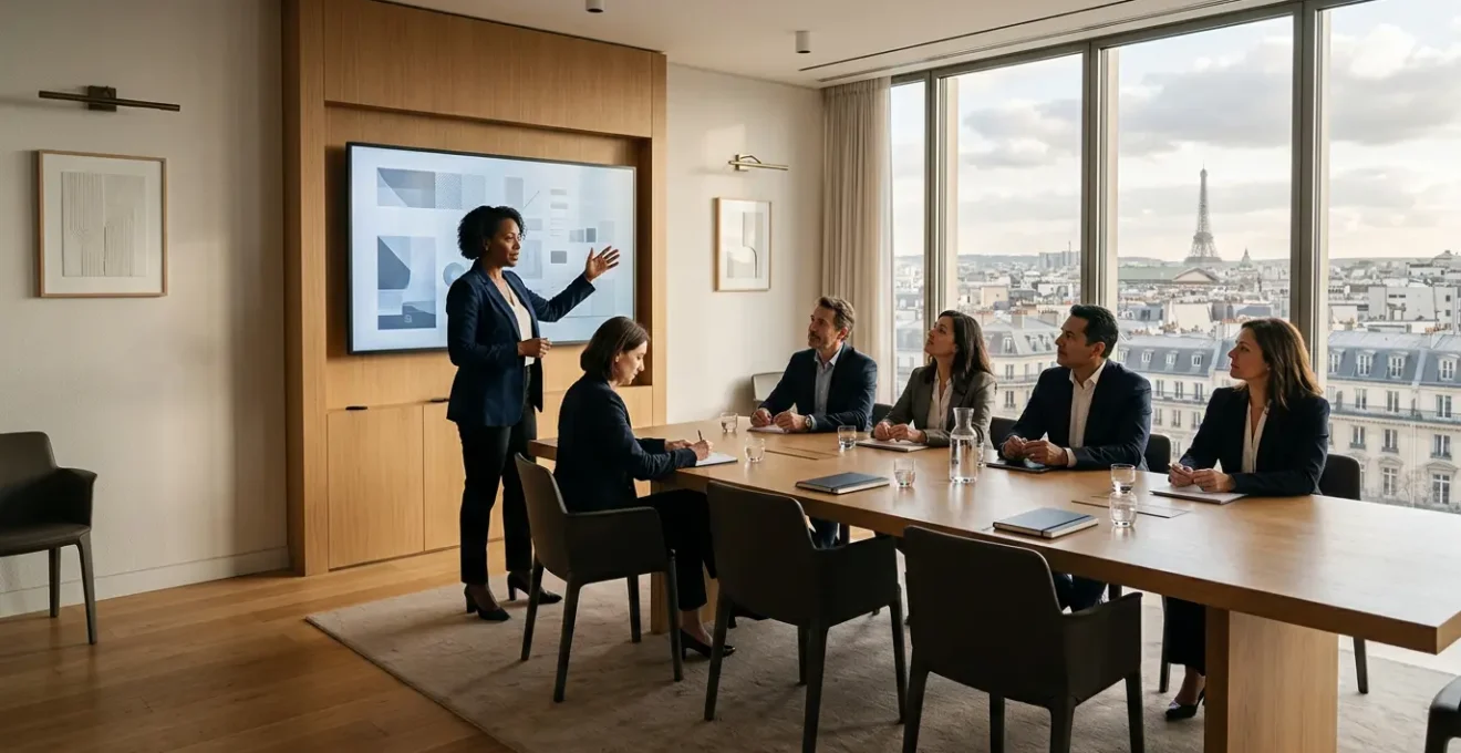 Salle de réunion moderne avec vue sur Paris, équipe diversifiée autour d'une grande table de conférence en bois