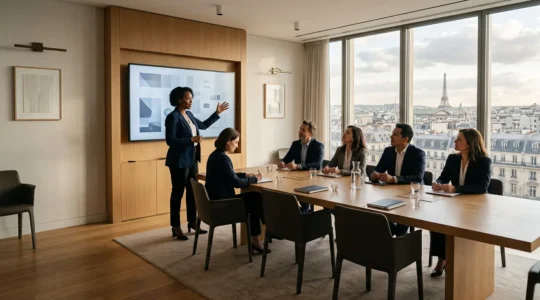 Salle de réunion moderne avec vue sur Paris, équipe diversifiée autour d'une grande table de conférence en bois