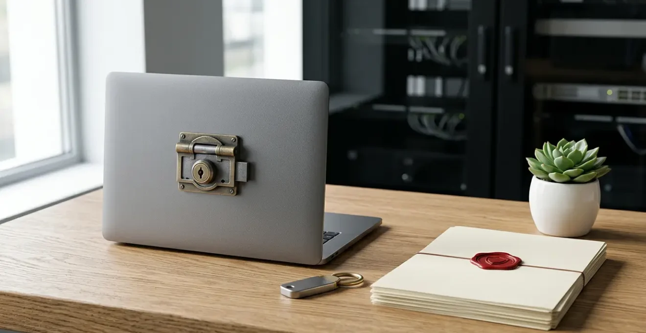 Bureau professionnel moderne avec écran d'ordinateur montrant une interface sécurisée et un cadenas en arrière-plan