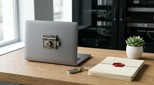 Bureau professionnel moderne avec écran d'ordinateur montrant une interface sécurisée et un cadenas en arrière-plan