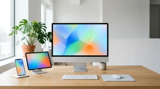 Différents appareils Apple affichant un site web responsive dans un espace de travail moderne