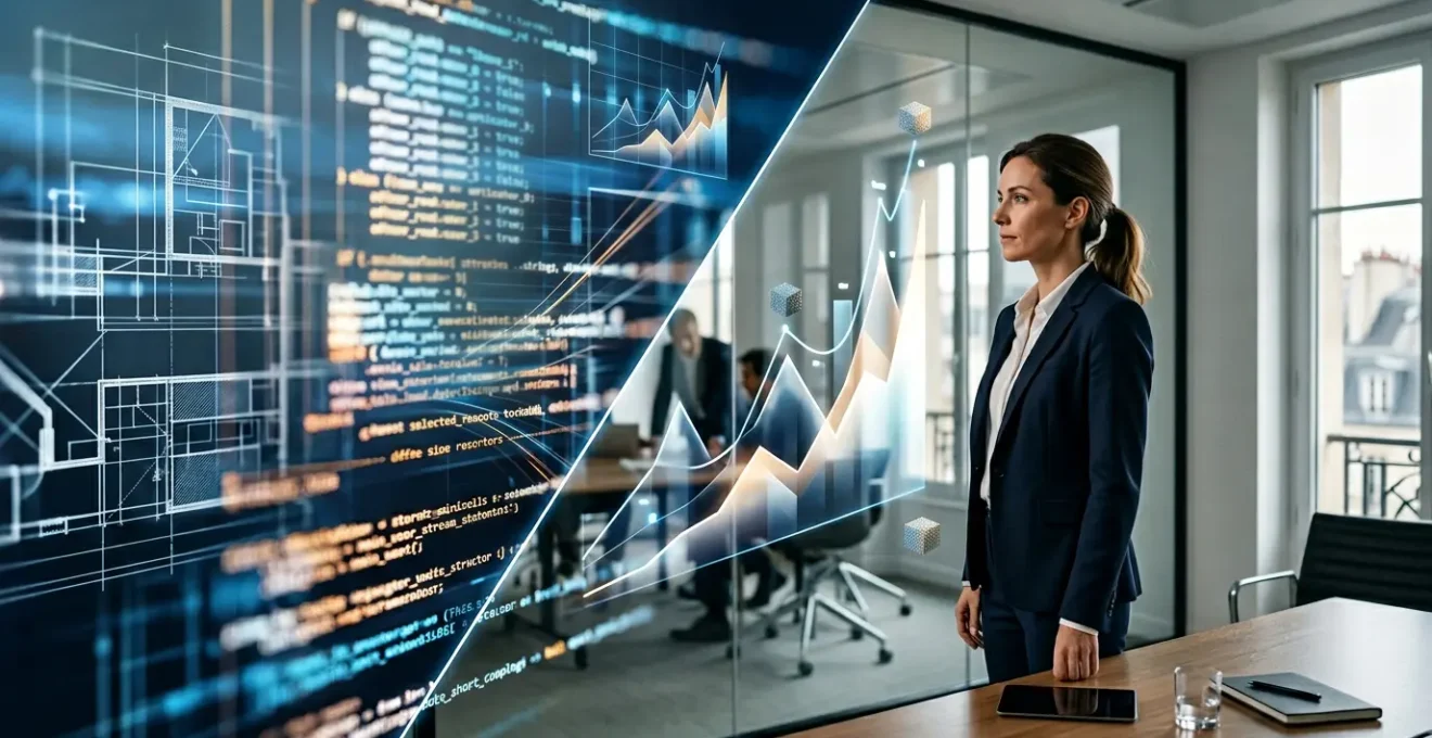 Vue architecturale moderne d'un bureau avec écrans montrant des graphiques de valorisation et code source flou en arrière-plan
