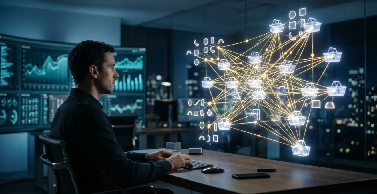 Dashboard analytique de données e-commerce montrant une progression des ventes croisées avec éléments visuels de produits complémentaires