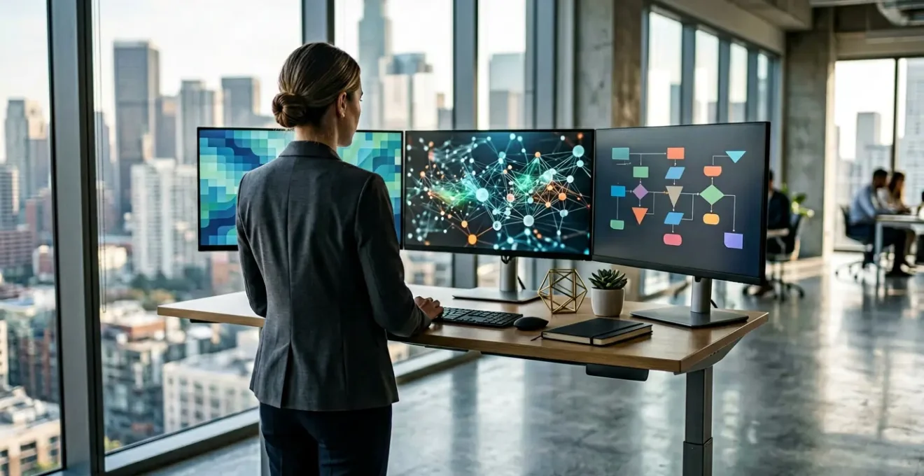 Professionnel analysant des données stratégiques digitales sur plusieurs écrans dans un bureau moderne