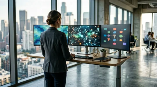 Professionnel analysant des données stratégiques digitales sur plusieurs écrans dans un bureau moderne