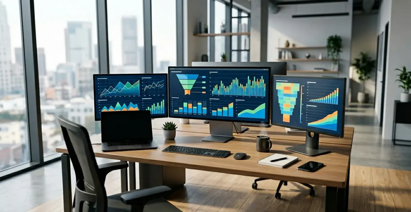 Bureau moderne avec analyses de conversion e-commerce, graphiques de croissance et outils d'optimisation digitale