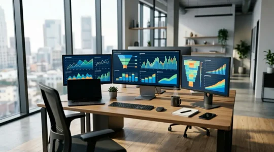 Bureau moderne avec analyses de conversion e-commerce, graphiques de croissance et outils d'optimisation digitale