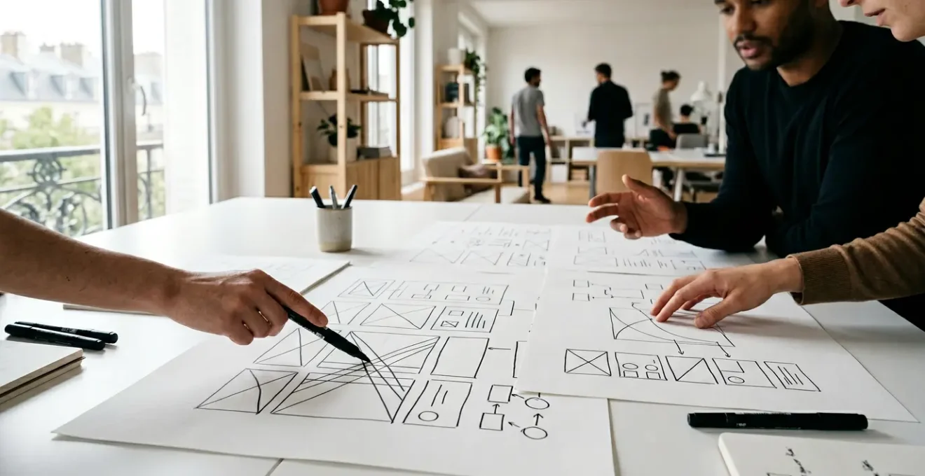 Bureau de design UX avec wireframes papier noir et blanc, feutres et équipe travaillant en collaboration sur des maquettes fonctionnelles