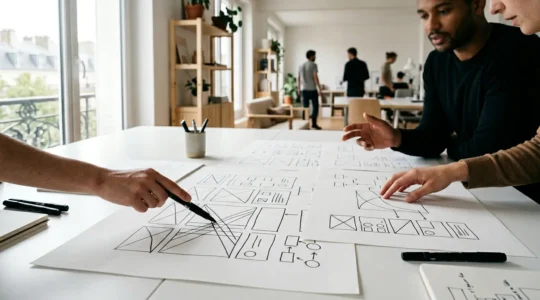 Bureau de design UX avec wireframes papier noir et blanc, feutres et équipe travaillant en collaboration sur des maquettes fonctionnelles