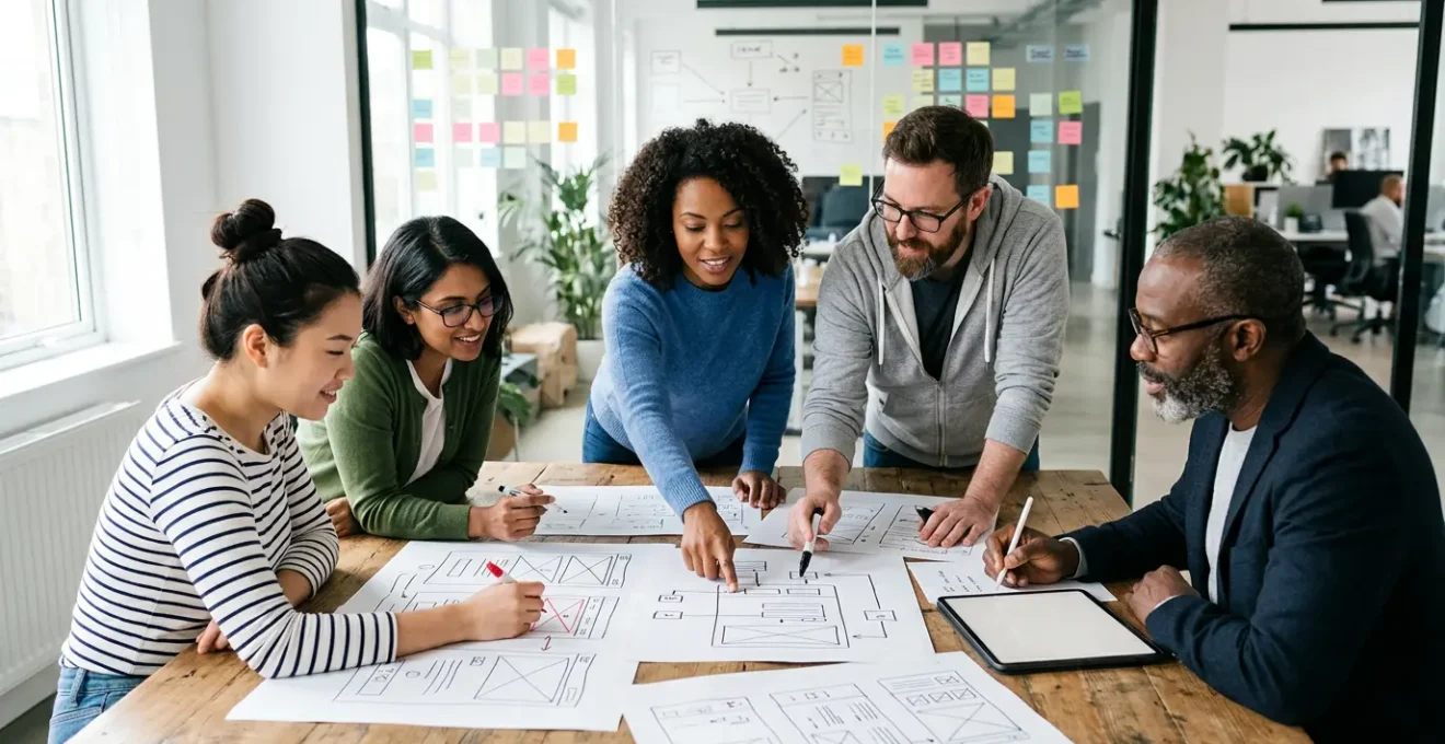 Équipe collaborant autour d'une table de travail avec wireframes papier et écrans d'ordinateur