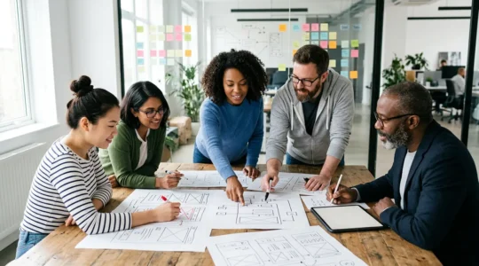 Équipe collaborant autour d'une table de travail avec wireframes papier et écrans d'ordinateur