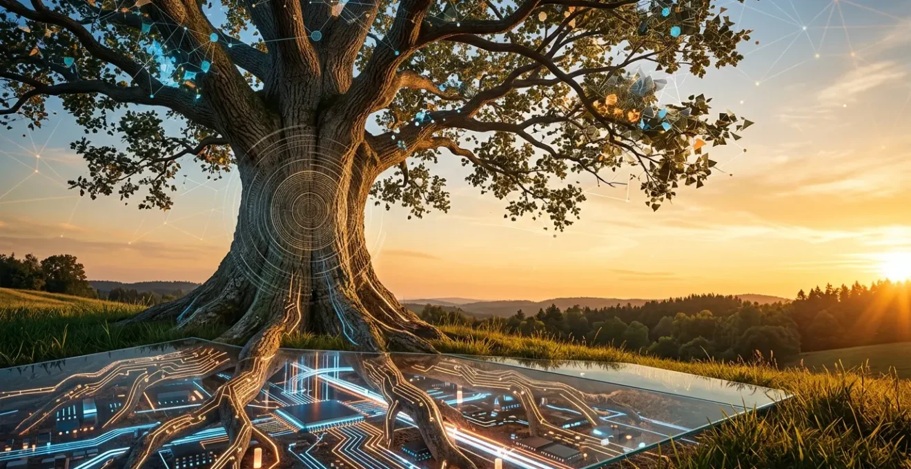 Un vieil arbre technologique aux racines profondes et lumineuses, symbolisant la force d'un ancien nom de domaine