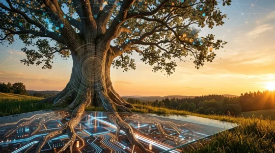 Un vieil arbre technologique aux racines profondes et lumineuses, symbolisant la force d'un ancien nom de domaine